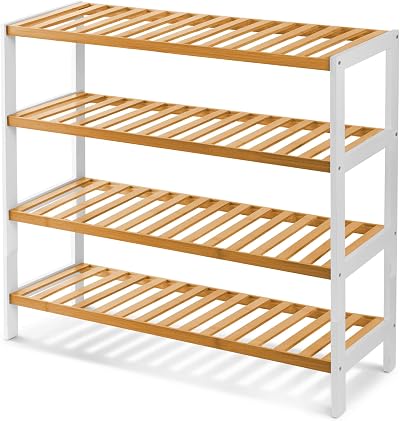 KEPLIN Natural Bamboo Shoe Rack 4 Tier White Natural 70x67x25cm 12 Pairs