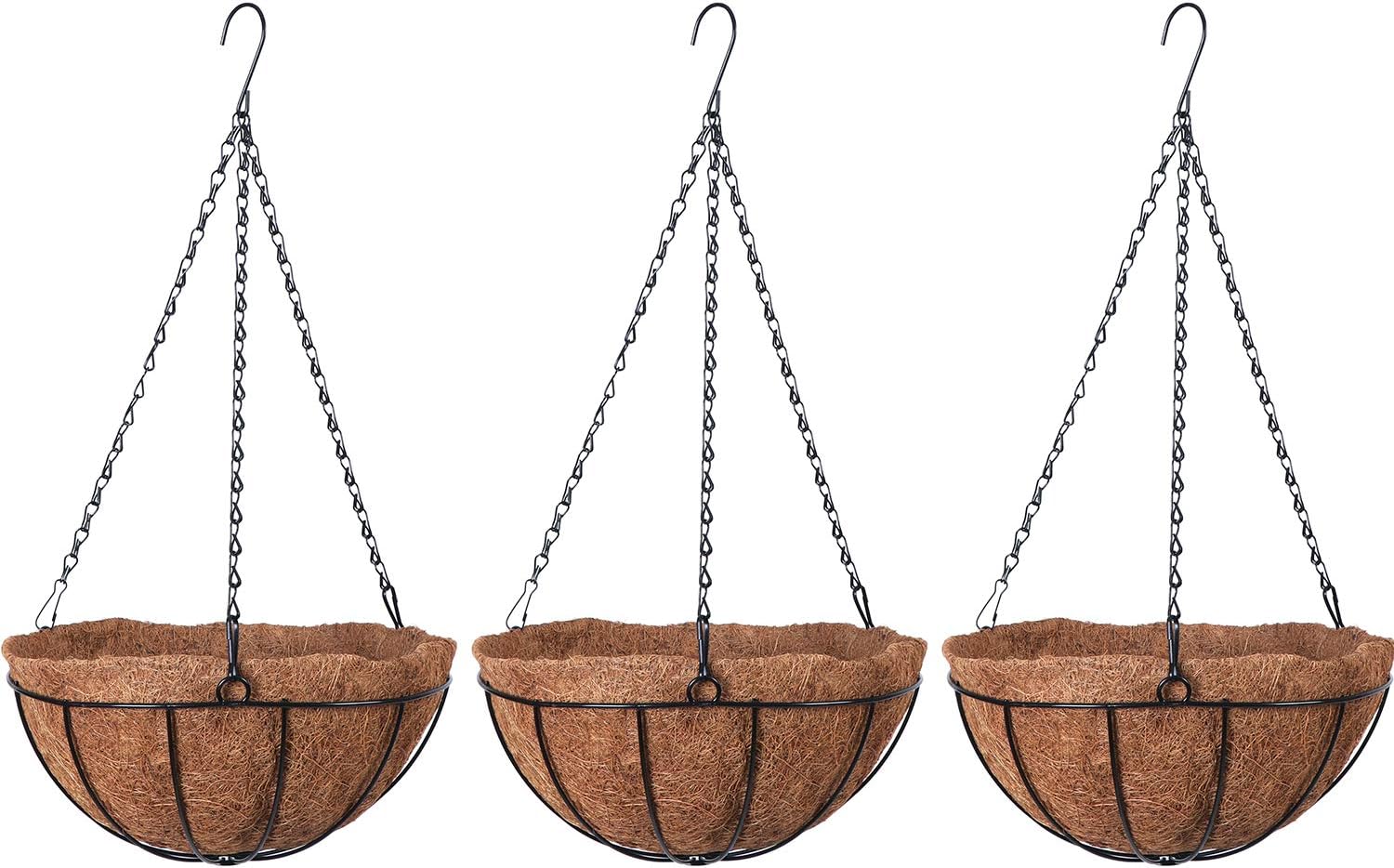 Olgaa Heavy Duty Wood Large Metal Garden Hanging Basket Black Planter Pot Coco Liner