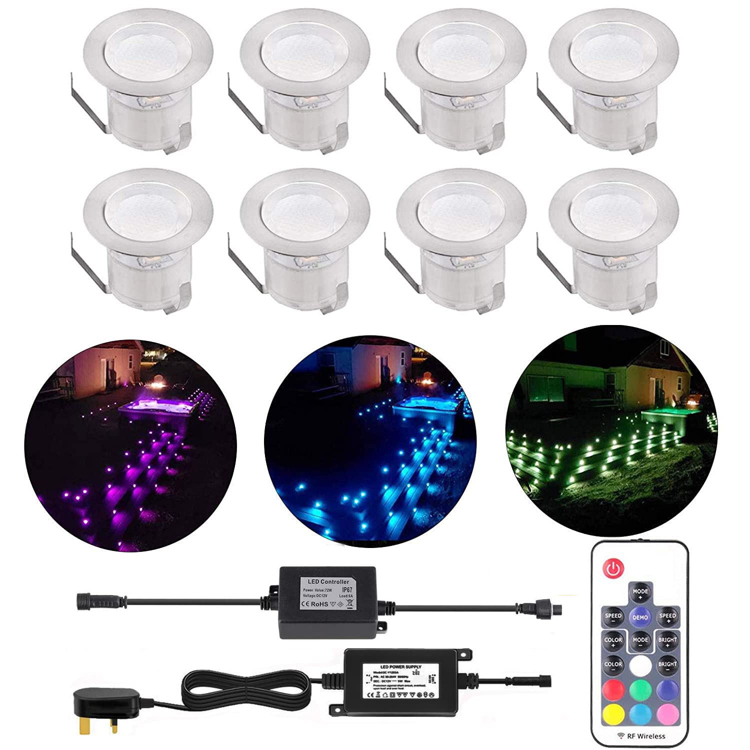 CISALN RGB LED Decking Lights,Outdoor Waterproof Plinth Deck Lights,High Brightness Buried Garden Light for Decking Lighting, Kitchen Plinths, Bathroom Lights Pack of 8 (RGB) [Energy Class G]