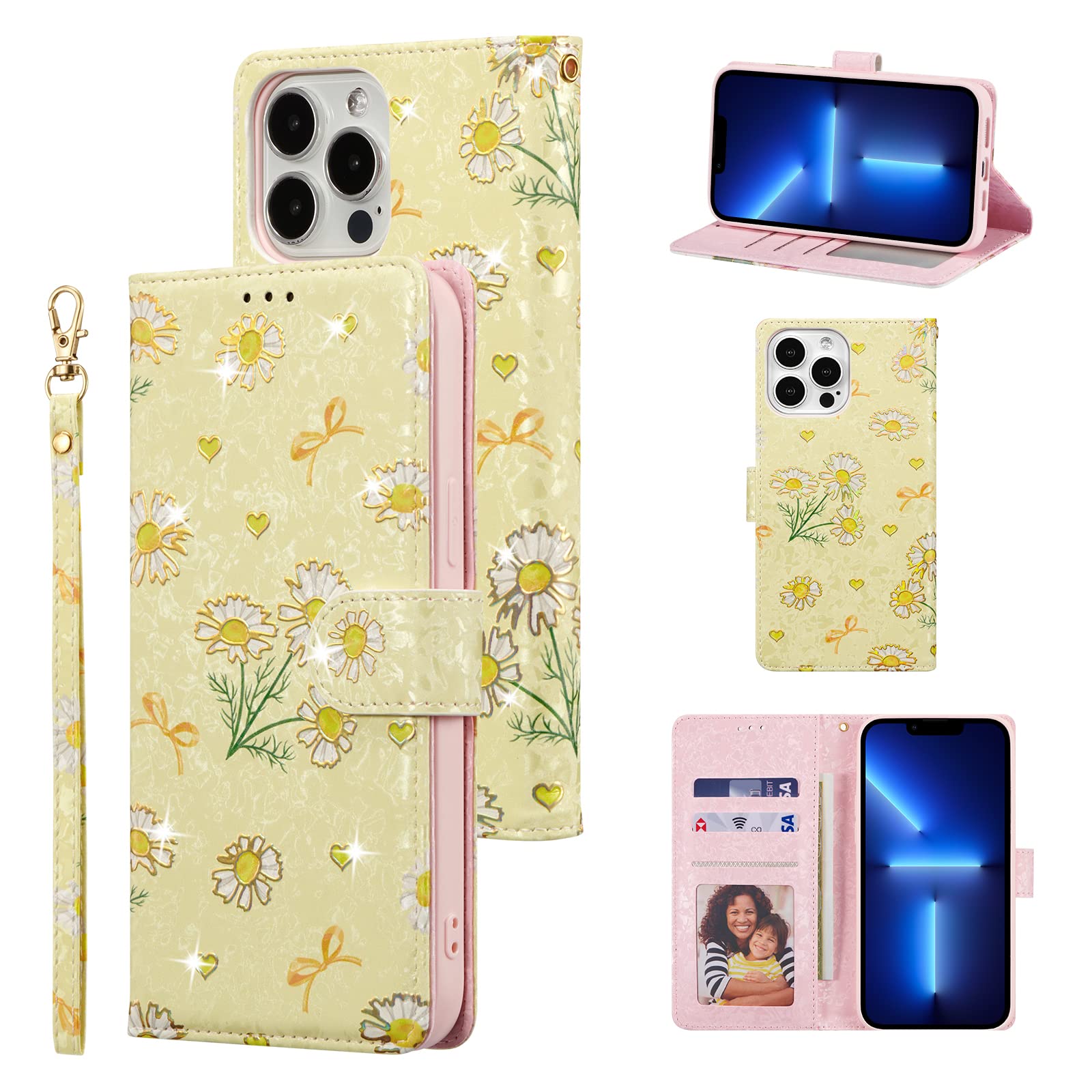 UEEBAI Wallet Case for iPhone 13 Pro Max 6.7 inch, PU Leather Phone Case Kickstand RFID Blocking Flip Case Card Slots Wrist Strap Relief Engraved Pattern Magnetic Closure Folio Case - Yellow Daisy