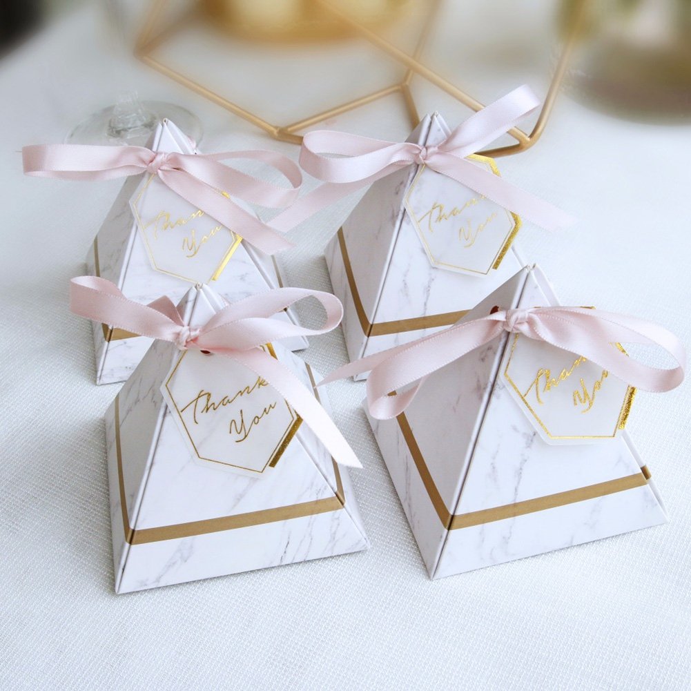 Cvery 100 Pack Wedding Favour Boxes with Ribbon and Thank You Tags European Style Marble Design for Birthday Party, No Zeros, S, S