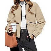 Cicy Bell Womens Button Down Bomber Jackets Puff Sleeve Cropped Pea Coats Casual Fall Color Block Outerwear