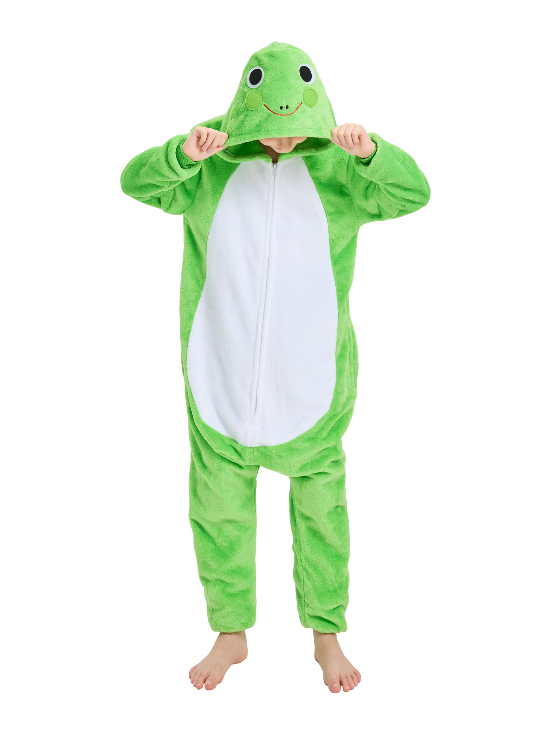 LONULAIN Unisex Kids Animal Oneise Pajamas, Boys Girls Flannel Hooded Halloween Cosplay Costume/Homewear/Sleepwear (Green Frog,9-10 Years)