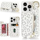 Ｈａｖａｙａ for iPhone 15 pro case Wallet with Card Holder for Women Men Shockproof Phone case with Keychain Ring Stand Leather Zipper Credit Card Slots-White Leopard Print