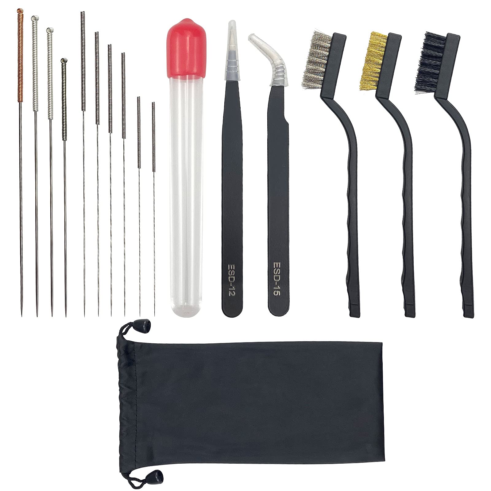 17pcs 3D Printer Nozzle Cleaning Kit Stainless Steel Extruder Nozzle Cleaning Needles Tweezers Anti-static Brushes for 3D Printer
