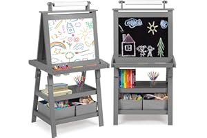 TODEFULL Art Easel for Kids, 3 in 1 Wooden Toddler Easel w/Magnetic Whiteboard, Chalkboard & Paper Roll, Standing Painting Easel with Shelves & 2 Storage Bins, for Boys Girls, Gray