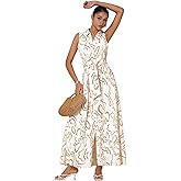 ADOR Women's Summer Button Down Shirt Dresses Sleeveless V Neck Belted Casual Maxi Dress with Pockets