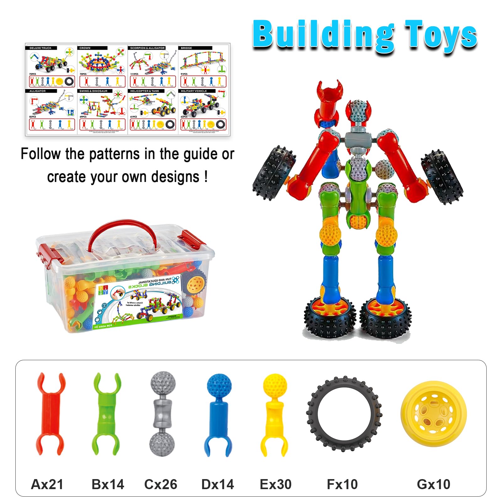 Stem Building Toys for 3 4 5 6 7 8 Year Old Boys Girls Kids,125 Pieces Building Blocks Educational Learning Toys with Large Storage Box,Ideal Christmas Birthday Gifts