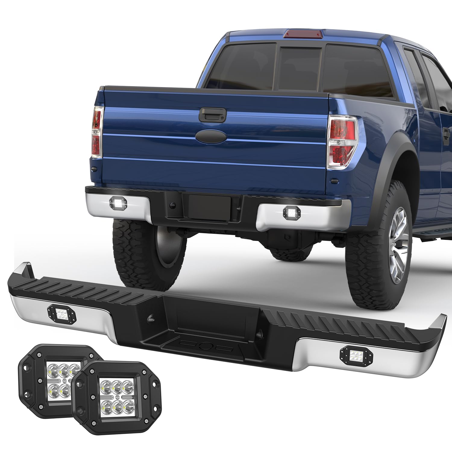 KUIPERAUTO Chrome Rear Step Bumper Assembly Compatible for 2009-2014 Ford F-150 Pickup with LED Square Light Steel Complete Back Bumpers -WITHOUT Parking Sensor Holes