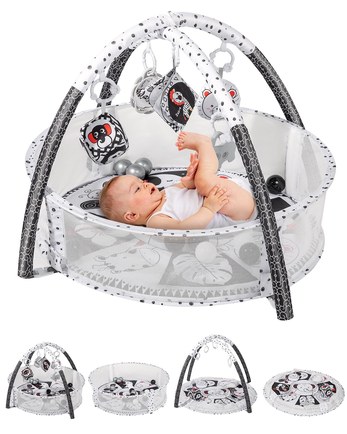 Photo 1 of dearlomum 4-in-1 Baby Play Mat Baby Gym,Tummy Time for Floor Activity Ball Pit Including 18 Balls with 5 Infant Learning Sensory Toys for Newborn Toddler Boy & Girl Gifts(Black and White)
