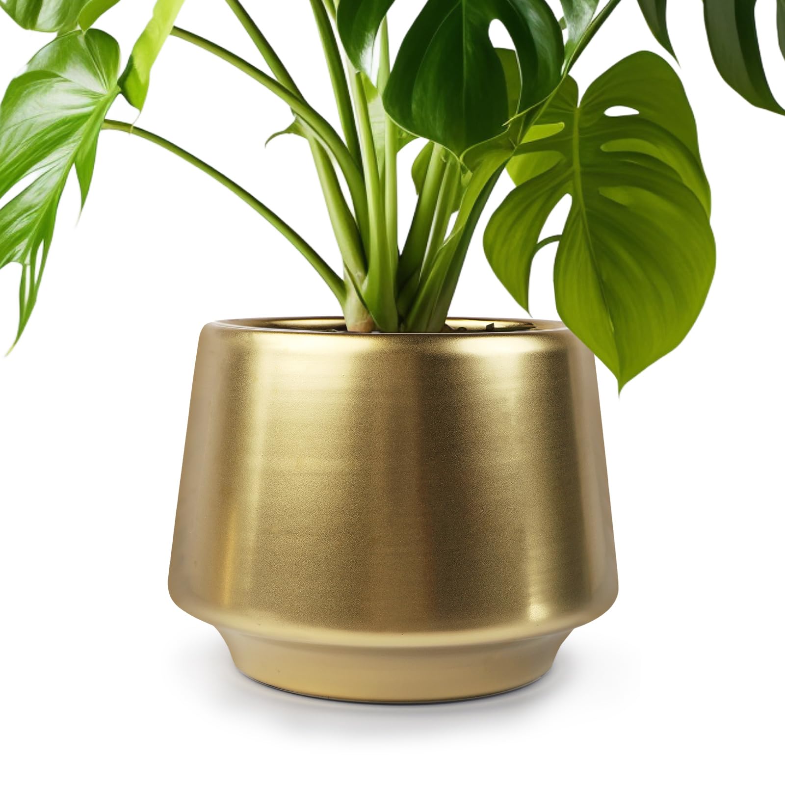 Photo 1 of Gold Indoor Plant Pot 7 Inch Large Ceramic Planter With Drainage Hole - Modern Brass Flower Pot Centerpiece Vase - Decorative Greenery Potted for Indoor Plants