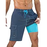 SILKWORLD Mens Swim Trunks with Compression Liner Quick-Dry 10" Stretch Beach Shorts