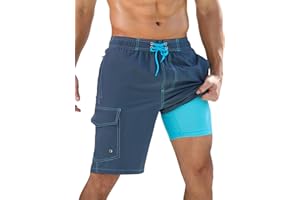 SILKWORLD Mens Swim Trunks with Compression Liner Quick-Dry 10" Stretch Beach Shorts