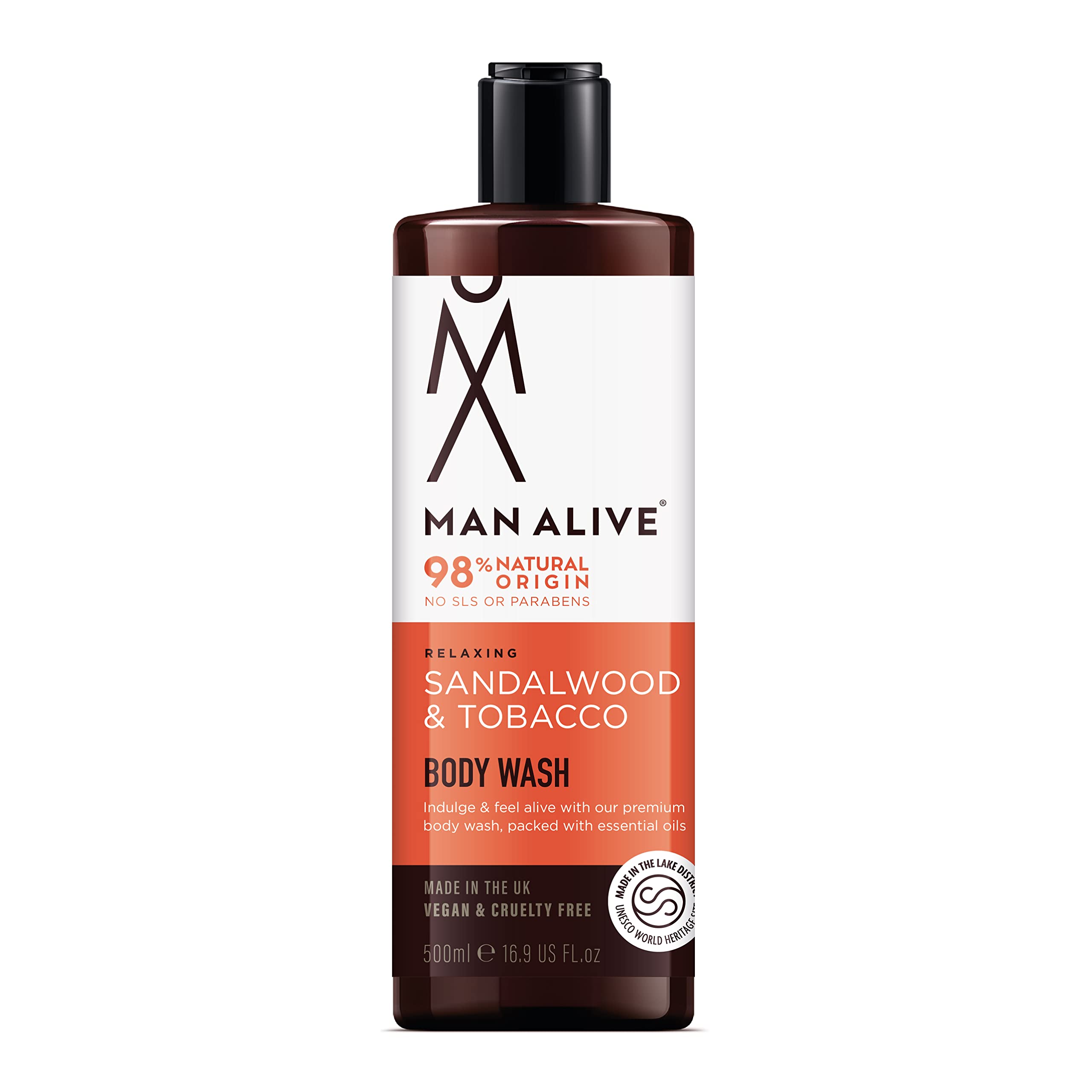 MAN ALIVE Shower Gel for men, 500ml mens body wash & face wash contains a masculine scent, Vegan, SLS Free & sulfate free formula. ideal mens grooming gifts for men (Sandalwood & Tobacco, Single)