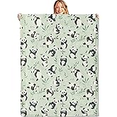 MIEPOS Panda Throw Blanket - 50x60in,Ultra Soft, Cozy Lightweight Flannel,Cute Animnal and Leaves Green Blankets - Gifts for Kids Girls Women,for Couch Office Travel,Home Living Room Decor