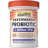 Vitalibre Akkermansia Muciniphila Probiotic 1 Billion TFU, w/Natural Prebiotic Inulin, Naturally Increases GLP-1, Healthy Digestion & Metabolism, Probiotic Supplement for Women & Men, 30 Capsules