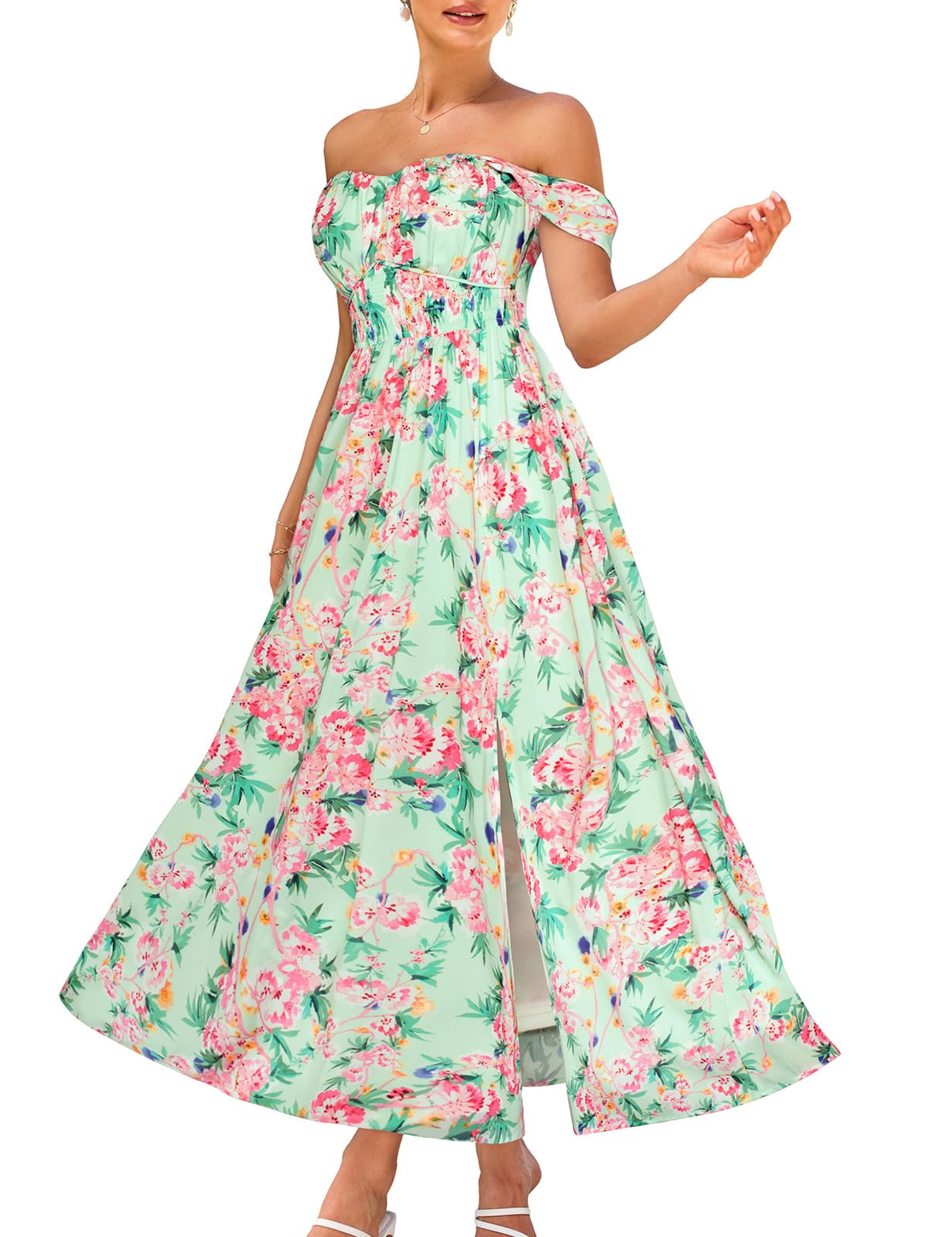 Photo 1 of 2025 Women's Summer Sleeveless Off Shoulder Floral Flowy A Line Maxi Dresses Green Pink S