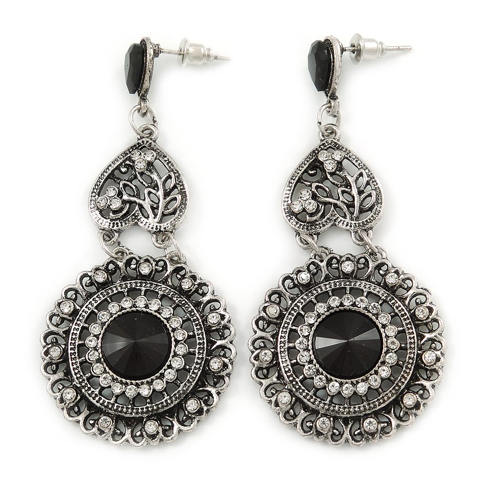 Chandelier Clear Crystal Filigree Drop Earrings/Aged Silver Tone/Vintage Inspired/ 65mm L