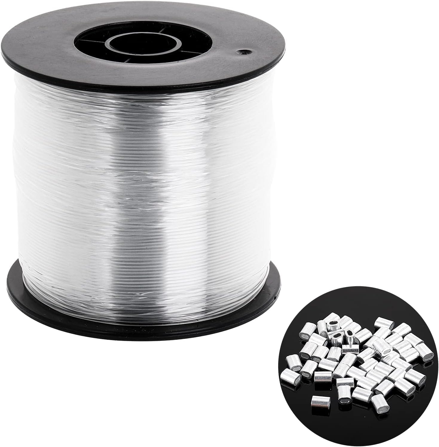 250m Strong Clear Invisible Thread 0.8MM, Nylon String Picture Hanging Cord Heavy Duty Monofilament Fishing Line with 120pcs Aluminum Crimping Loop Sleeve for Hanging Crafts