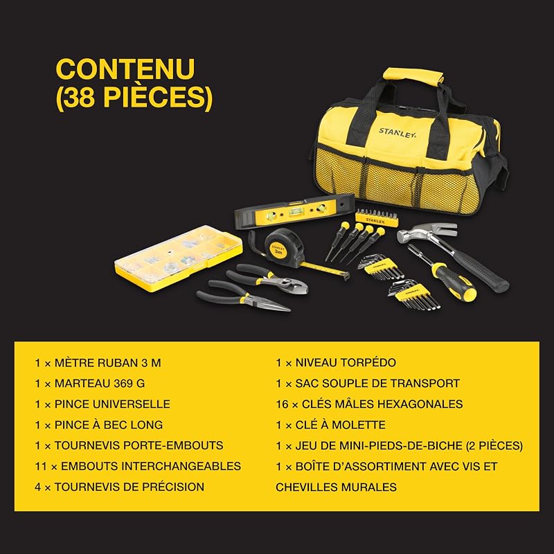 Set d'Outils Mixtes 38 Pièces avec Sac de Rangement - Comprend Marteau, Pinces, Tournevis, Clés Allen, Mètre Ruban, Niveau & Quincaillerie – Durable, Portable, Performance Fiable - STMT0-74101