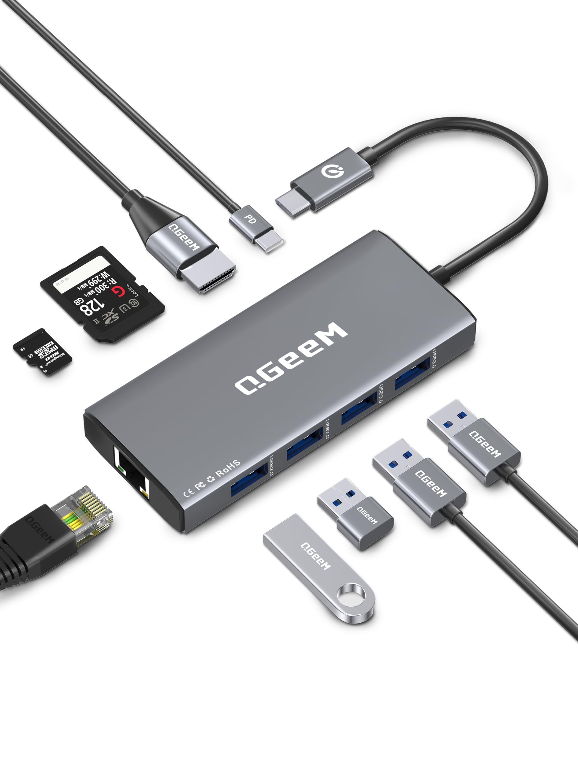 Photo 1 of *FOR PARTS ONLY* QGeeM Laptop Docking Station with HDMI 4K, 9 in 1 USB C Hub, 1000Mbps LAN, 100W PD, USB 3.0/2.0, SD/TF Card Reader, USB C Dock Compatible with iPhone 15/Mac/Dell/HP/Surface/Steam Deck