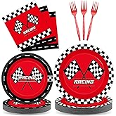 Justforjoyful 96Pcs Race Car Party Plates and Napkin Red Racing Car Party Supplies Black Checkered Flag Dessert Plate Racing Dinnerware Tableware Set for Kid Boy Birthday Baby Shower Home Party Decor