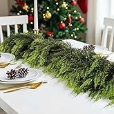 2 Pcs Artificial Cedar Garlands, 6 FT Real Touch Winter Cedar Garland, Green Artificial Greenery Pine Garland for Table, Mantle, Wall, Indoor, Outdoor Christmas Decorations