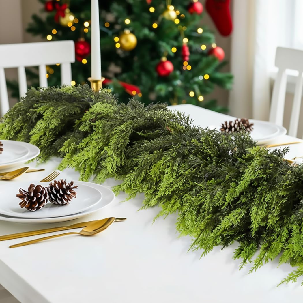 Photo 1 of 2 Pcs Artificial Cedar Garlands, 6 FT Real Touch Winter Cedar Garland, Green Artificial Greenery Pine Garland for Table, Mantle, Wall, Indoor, Outdoor Christmas Decorations