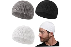 Muslim Hat, 3PCS Embroidery Kufi Hats for Men, Comfortable Breathable Muslim Cap for Men Ramadan Eid Hats for