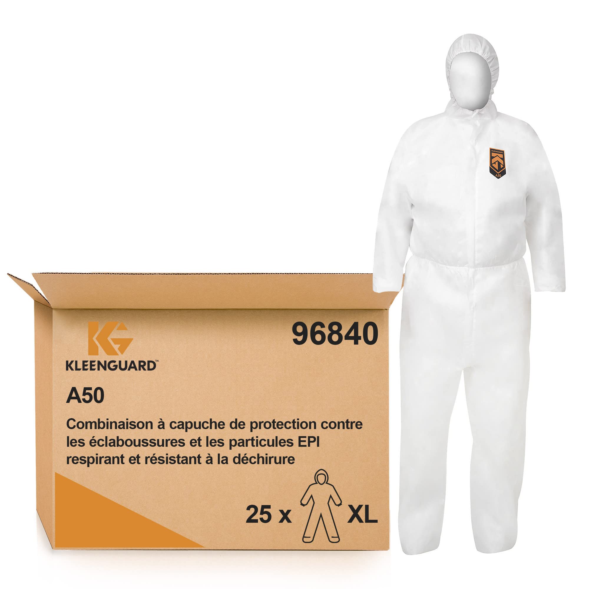 Kimberly Clark 96840 Kleenguard A50 Breathable Protective Suit Against Drops and particles with Hood, X-Large, White