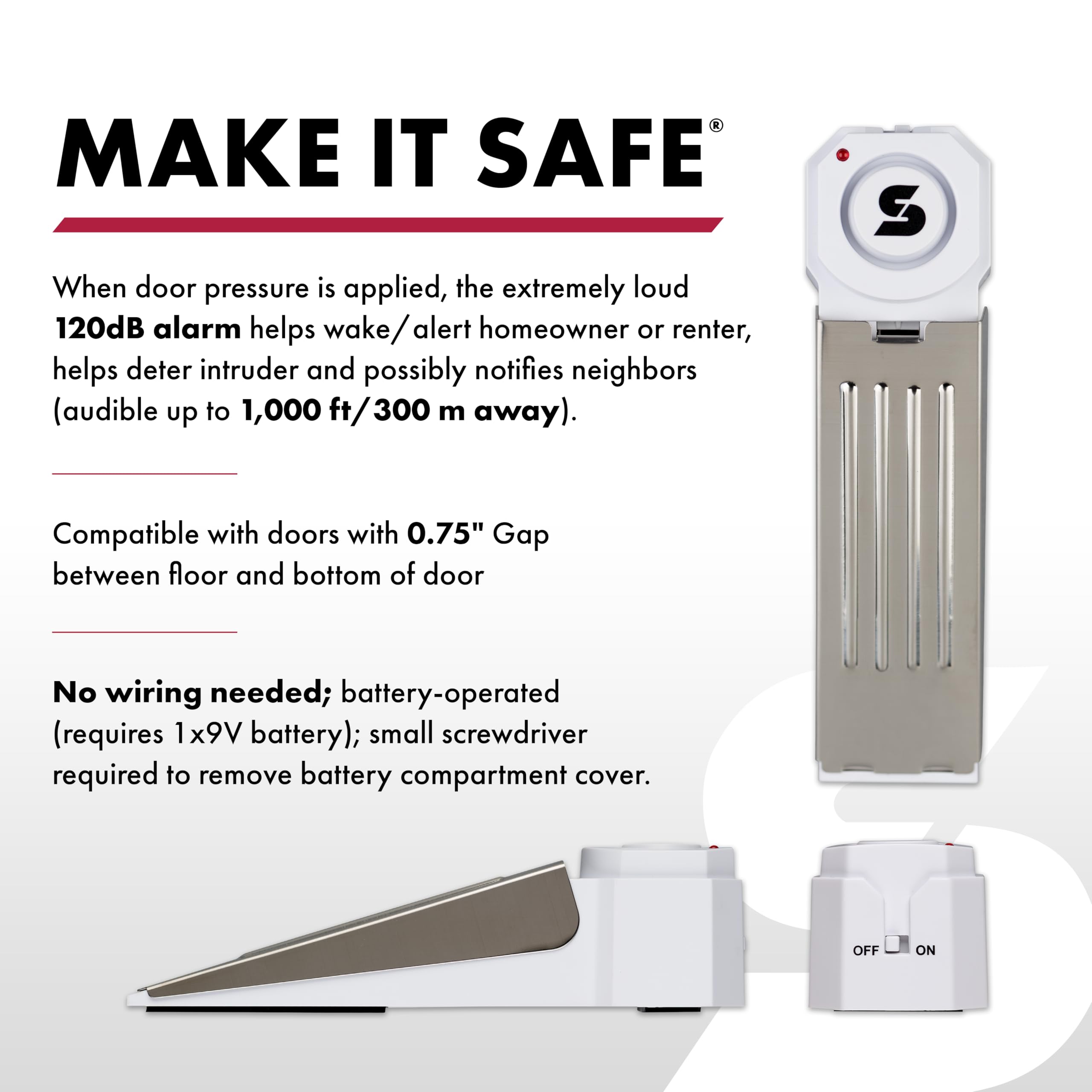 SABRE 120 dB Wedge Door Stop Security Alarm, Extremely Loud Wireless Alarm Siren Audible Up To 1,500 Ft., Non-Skid Pad, Compact Alarm Great for Home, Travel, Apartment or Dorm
