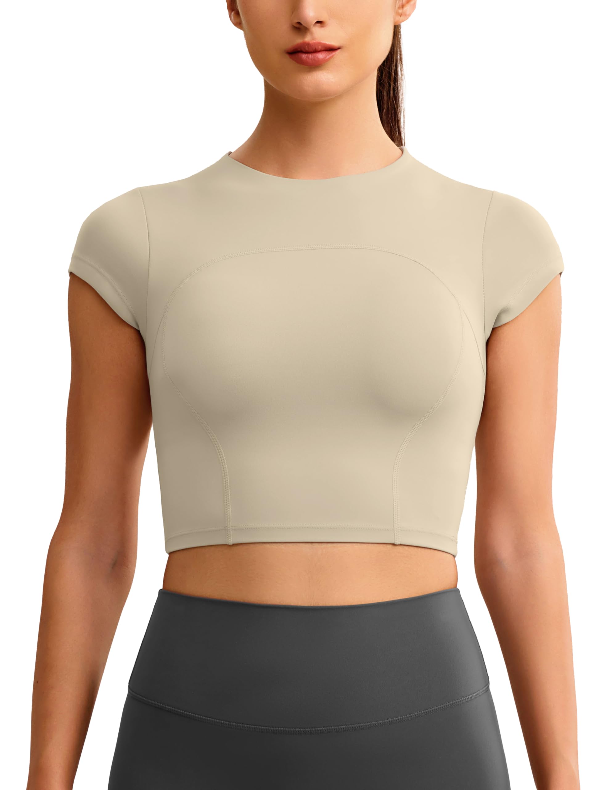 Photo 1 of ENERBLOOM Workout Crop Tops for Women Yoga Short Sleeve Mild Support Slim Fit Cropped Athletic Shirts Gym Tee Built in Bra Khaki X-Large