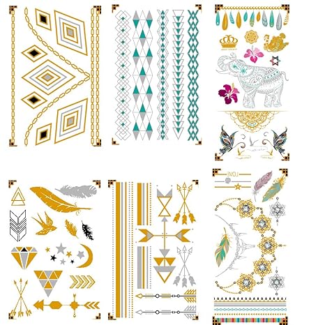 Premium Metallic Henna Tattoos - 75 Designs in Gold und Silber - Temporäre Fake Shimmer Schmuck Tattoo - Blumen, Eagles, Armb
