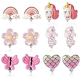 6 Pairs Clip on Earrings for Girls with 12pcs Ear Pads, Butterfly Rainbow Flower Unicorn Clip on Earrings Non Pierced Earrings Kids Earrings Girls Dress up Jewelry Gifts