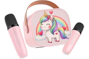 JUNGLE MONSTER Mini Karaoke Machine for Kids Adults,Portable Bluetooth Karaoke Speaker for Adults Kids with 2 Microphones for 6 7 8 9 10 11 12 Years Old Girls Boys Gifts Toys for Christmas Birthday, Pink Pony