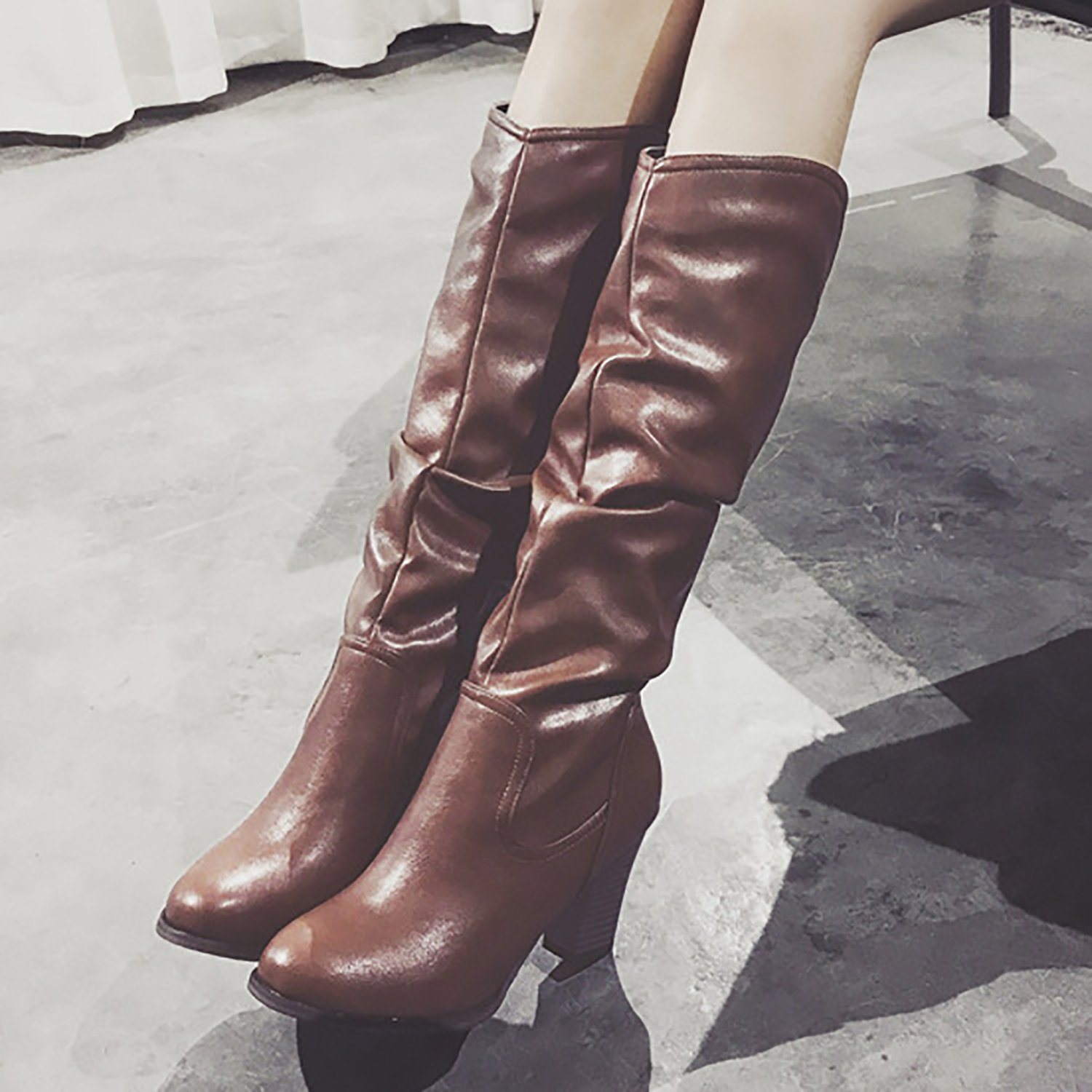 Odema Women's PU Leather Block Chunky High Heels Mid-Calf Slouch Riding Boots Brown - Image 6