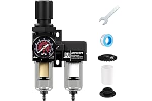 NEWPO 1/4" Air Drying System,Double Air Filters Regulator with 5 Micron Brass Cartridge and 0.5 Micron Fiber Cartridge,Semi-Auto Drain, Metal Bracket