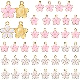 Gtziqa 40 Pcs Gold Plated Enamel Cherry Blossoms Flower Charms, Small Flower Pendants Cute Keychain Charms for Jewelry Making, Cherry Blossom Decor for Bracelets Necklaces Earrings Purse DIY Crafts