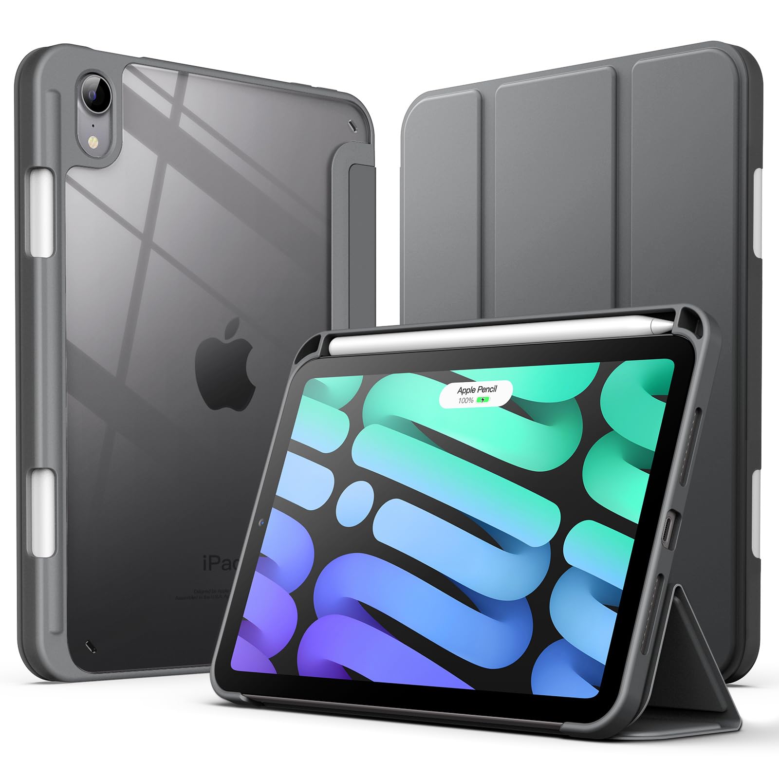 JETech Case for iPad mini (A17 Pro, 2024 Model, 7th Generation) / mini 6 (2021 Model, 6th Generation) with Pencil Holder, Clear Back Shell Slim Stand Tablet Cover, Auto Wake/Sleep (Space Gray)