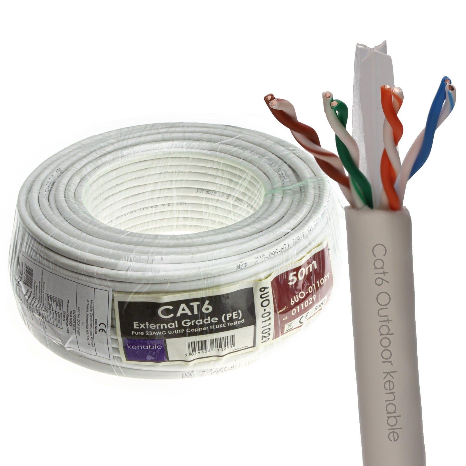 kenable External CAT6 Outdoor Ethernet Cable 50m White | Full Copper 23AWG UTP Network Lead | UV Resistant PE Sheath | Waterproof Burial Grade | Gigabit LAN Cable Reel