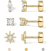 14K Gold Plated Solid 925 Sterling Silver Post Flat Back Earrings Stud | Cartilage Helix Conch Tragus Piercing Jewelry 3 Pairs Tiny Screw Dainty CZ Opal Earring Set Men Women