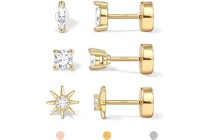 GEMQUEEN 14K Gold Plated Solid 925 Sterling Silver Post Flat Back Earrings Stud | Cartilage Helix Conch Tragus Piercing Jewelry 3 Pairs Tiny Screw Dainty CZ Opal Earring Set Men Women