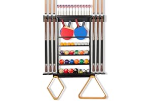 Onemacc Pool Stick Holder Wall Mount, Pool Cue Rack, Ping Pong Paddle Holder, Dart Holder 3-IN-1,100% Solid Wood Billiard Cue Racks,12 Steel/Soft Tip Darts and Table Tennis Accessories for Man Cave