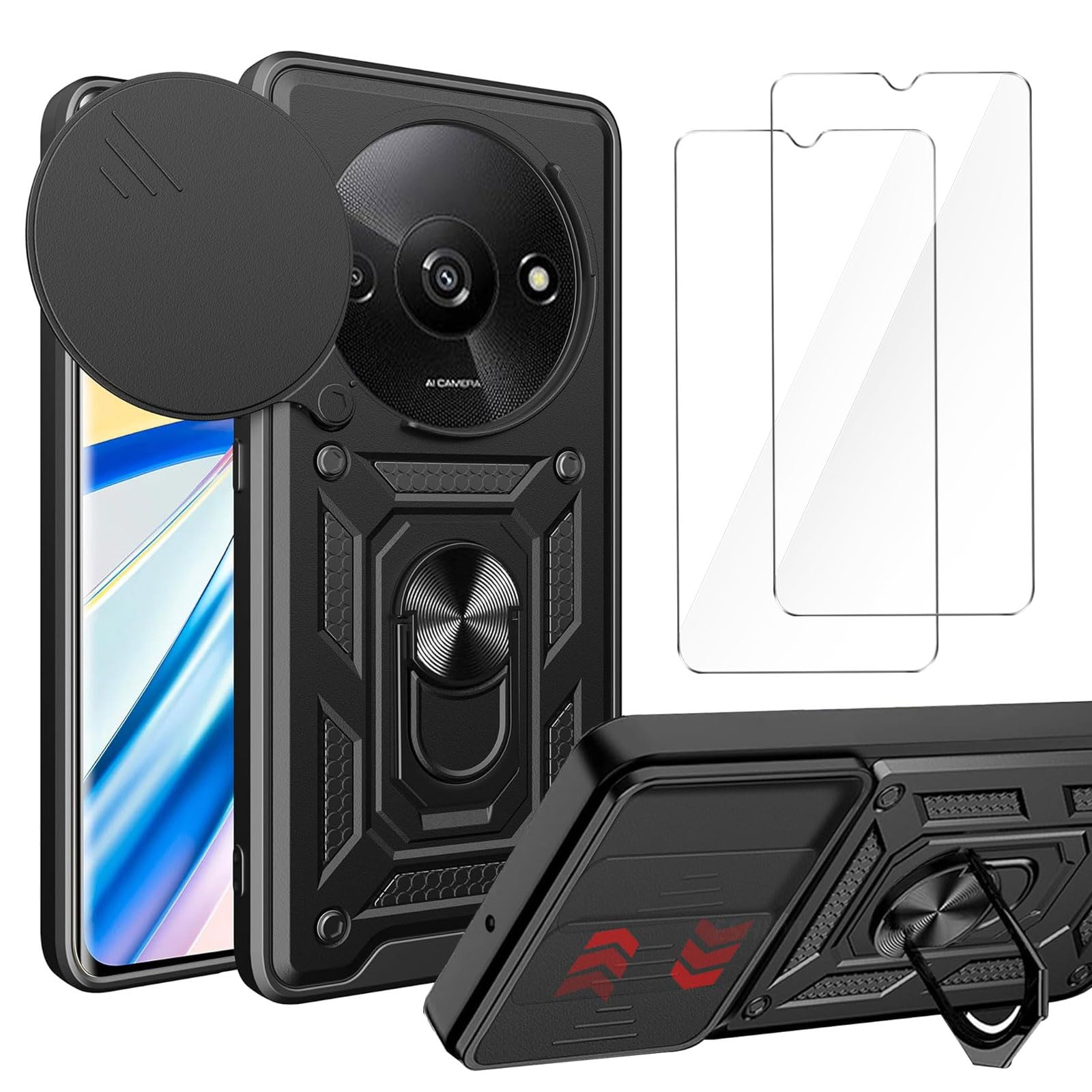 LYZXMY Case for Redmi A3 4G (6.71") + 2 x Tempered Film Glass Screen Protector - Full Body Heavy Duty Shockproof Hard PC Soft TPU Bumper Protection Cover Black