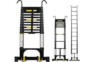 Wolec Telescoping Ladder 16.5FT with 2 Detachable Hooks, Aluminum Extension Telescopic Ladders with 2 Triangle Stabilizers, Portable Wheels Non-Slip Balance Bar, 330lbs Capacity Black