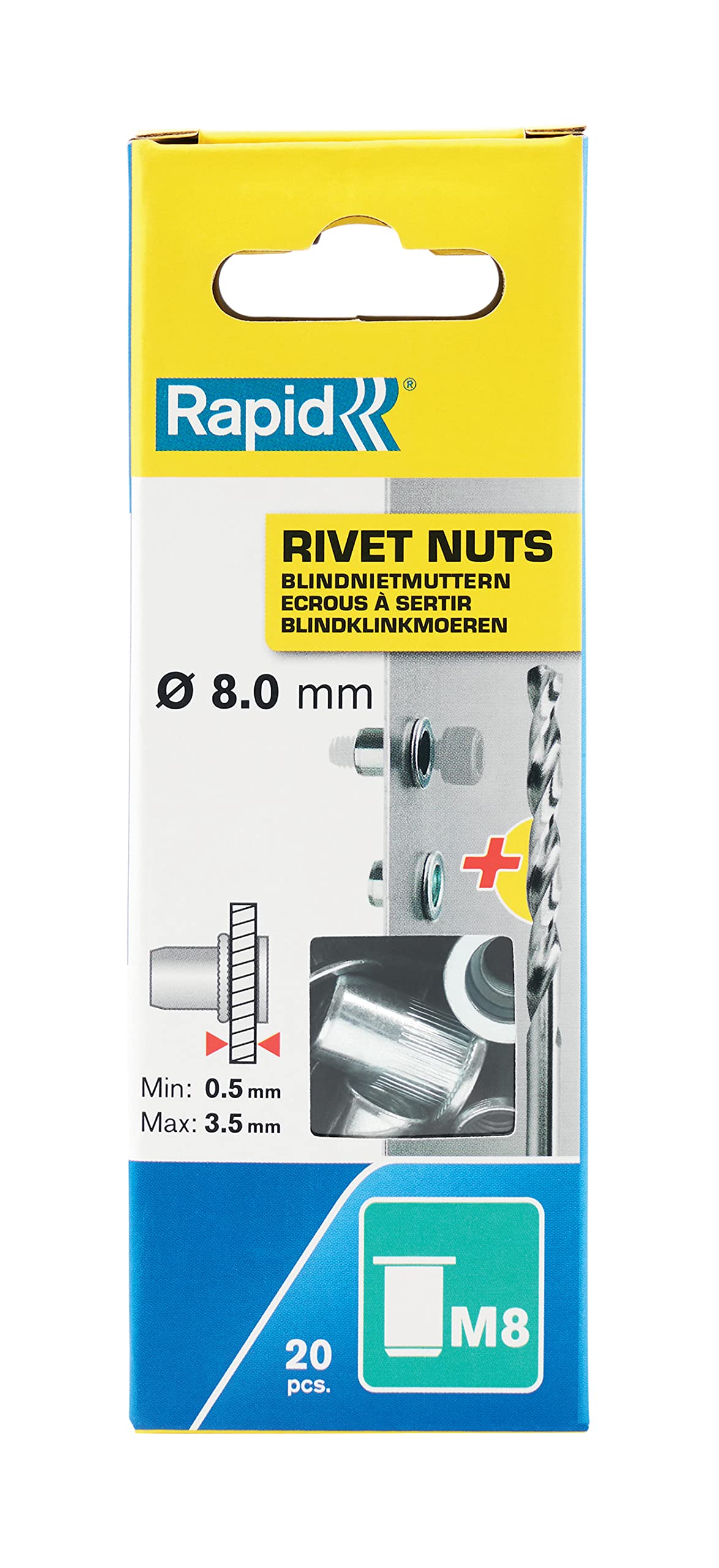 Rapid High-Performance Steel M8 Rivet Nuts with Internal Threading for One-Side Anchoring on Low-Grip Materials - 20 Pieces, Carton Boxed (5001482)