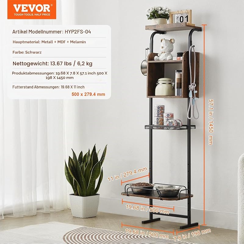 Futterstation 500 x 198 x 1450 mm, erhöhte Hundenäpfe, erhöhter Ständer für Hundenapf, Fressnapf, Hundenapfständer, Napfhalter höhenverstellbar, Hundebar für große, mittelgroße & kleine Hunde