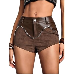 Floerns Women's Studded Leather Shorts Low Rise Patchwork Suede Festival Rave Concert Shorts