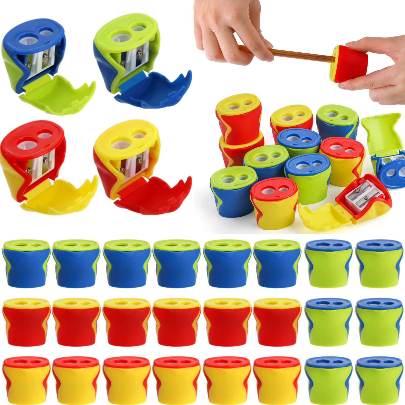 AVLA 24 Packs 2 Holes Pencil Sharpener, Dual Holes Colorful Manual Pencil Sharpener, Handheld Compact Small Pencil Sharpener with Lid for Adults, School Classroom, Office, Art Supply
