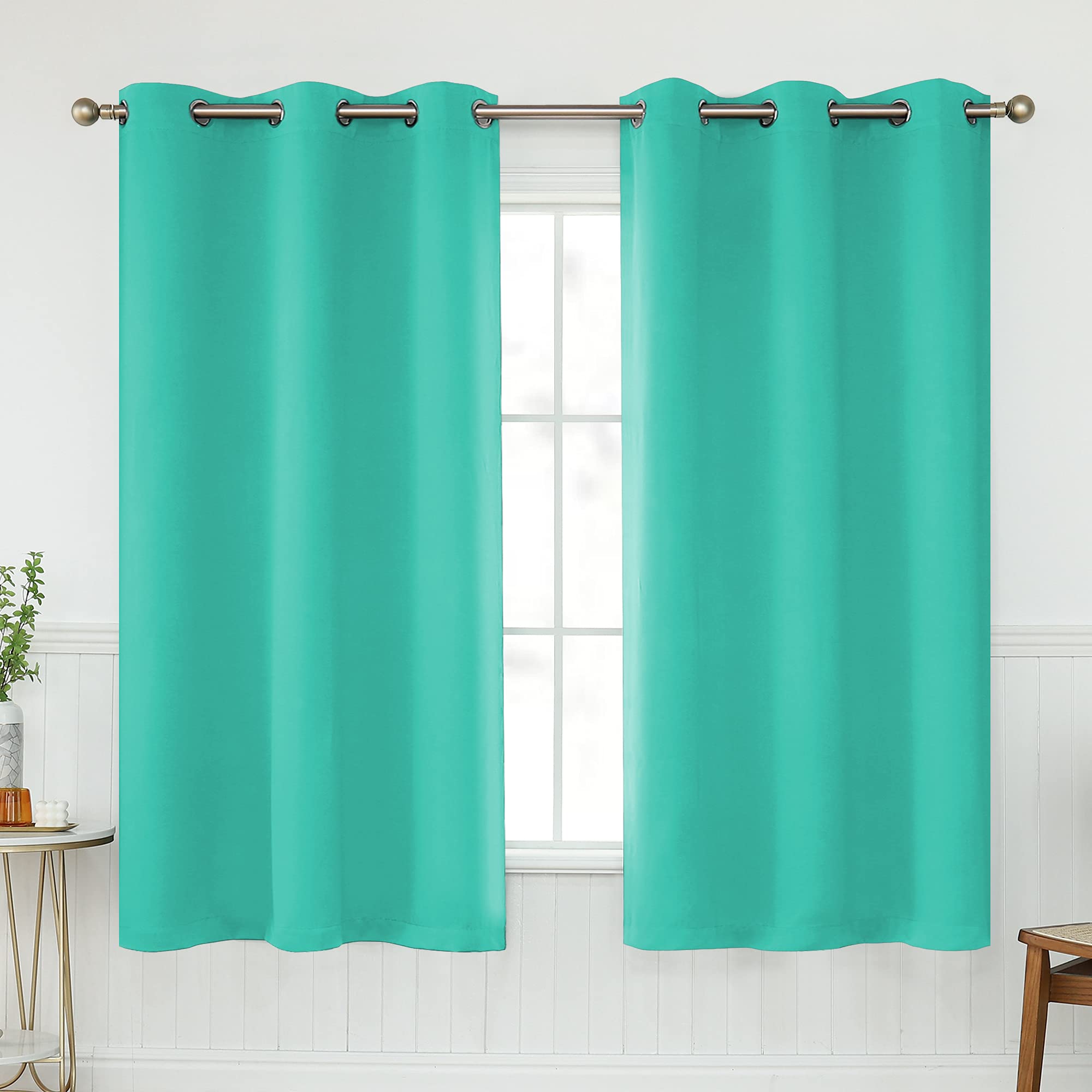KEQIAOSUOCAI Turquoise Blackout Curtains 54 Inches Long for Bathroom - Grommet Room Darkening Thermal Insulated Teal Green Half Curtain Drapes for Kitchen Basement, 2 Panels, 34W x 54L